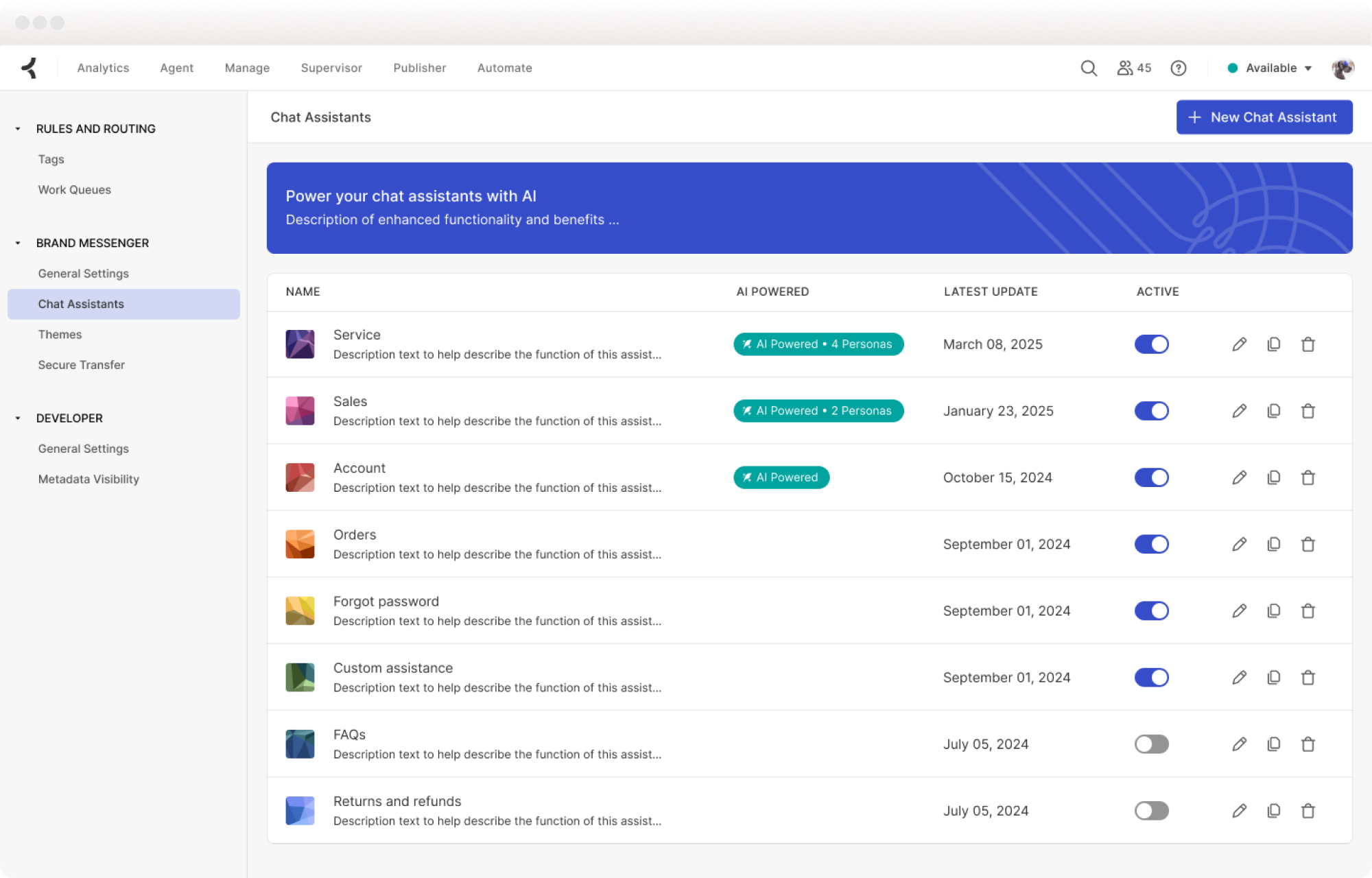 Dashboard for managing AI chat bots